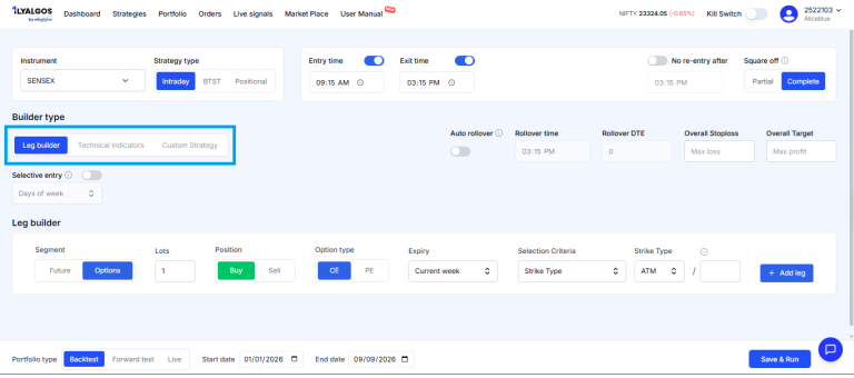 Screenshot of 1lyAlgos leg builder dashboard for building Sensex options intraday trading strategy