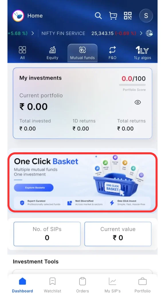 Alice Blue One Click Basket feature for investing in multiple mutual funds through one investment