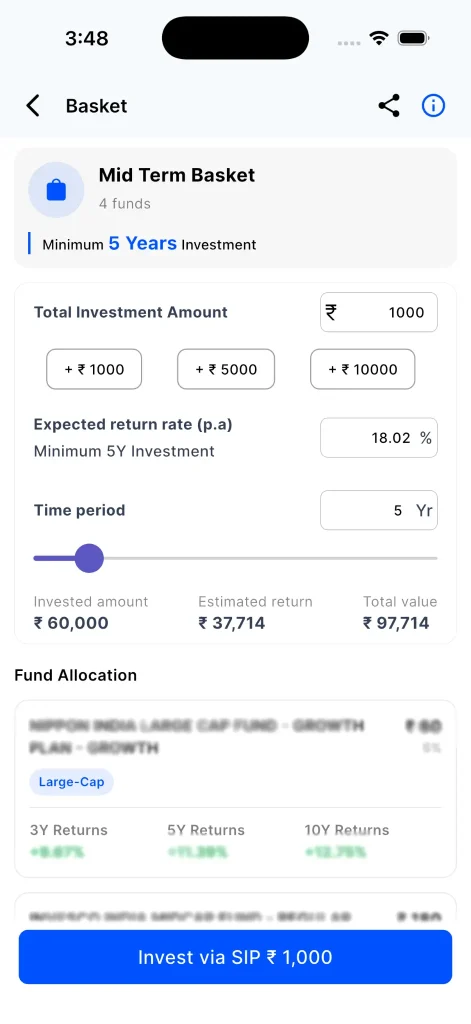 Mid term mutual fund basket showing SIP investment, expected returns, time period and fund allocation