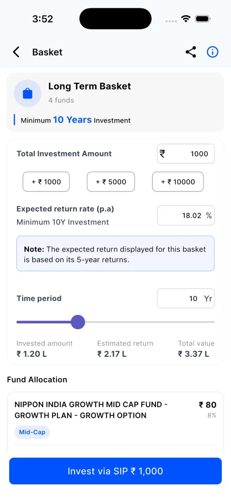 Long term mutual fund basket showing SIP investment, expected returns, time period and fund allocation