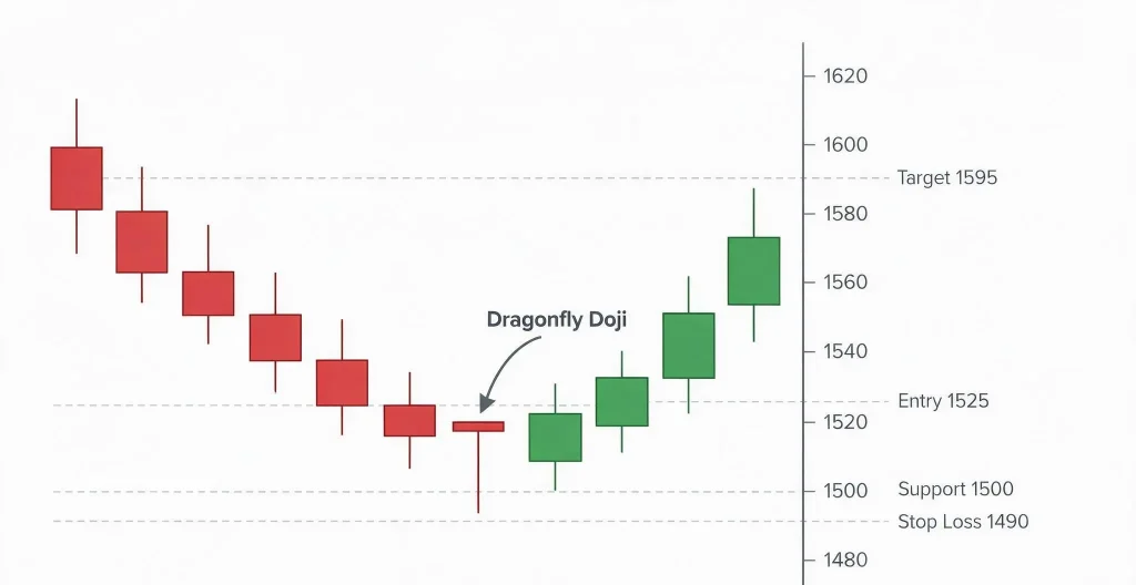 Dragonfly Doji trading chart showing entry at 1525, support at 1500, stop loss at 1490 and target at 1595.