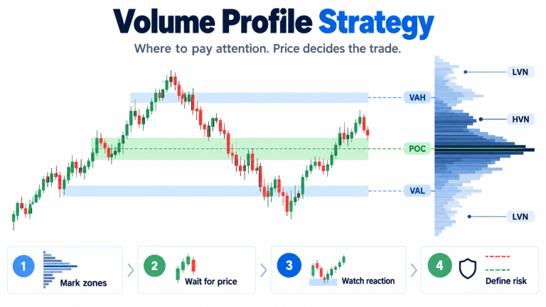 Volume Profile trading strategy illustrated with candlestick charts and key price levels including POC, VAH, VAL, HVN, and LVN, showing how traders identify trading zones, analyse price reactions, and manage risk.