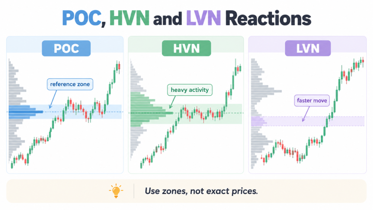 Volume Profile trading chart comparing Point of Control (POC), High Volume Node (HVN), and Low Volume Node (LVN) reactions, illustrating key trading zones, heavy trading activity, and faster price movements through low-volume areas.