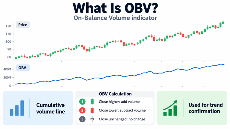 On-Balance Volume (OBV) indicator explained with stock price candlestick charts, cumulative volume trends, OBV calculation rules, and its use in confirming market trends.