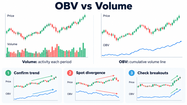 OBV vs Volume indicator comparison in stock market trading, showing trading volume bars and cumulative On-Balance Volume charts used to confirm trends, identify divergences, and analyse price breakouts.